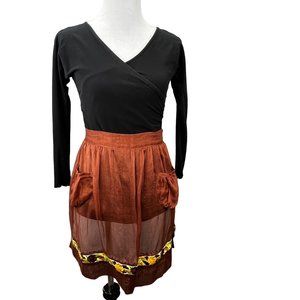 Vintage 50s Half Apron Sheer Brown Embroidered Floral Trim Ties